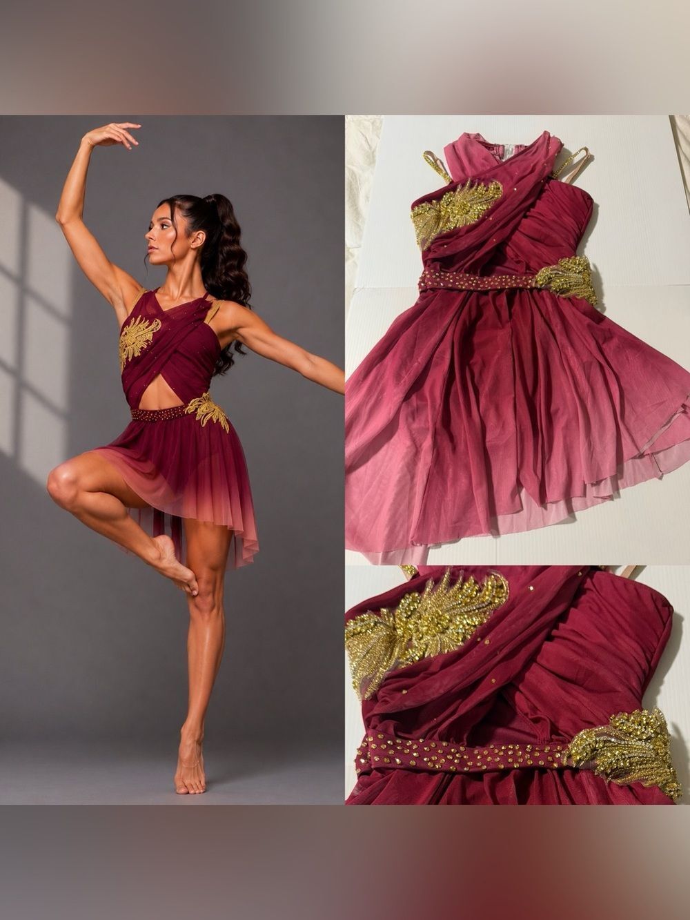 Glamour Burgundy Gold Solo Dance Costume MA Adult Lyrical Contemporary Custom